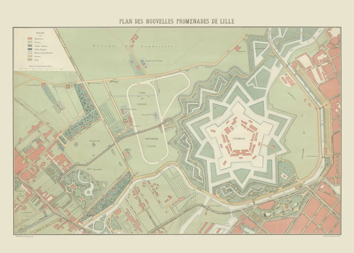 Plan des nouvelles promenades de Lille, 1886 — plan ancien de Lille